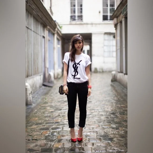 Yves Saint Laurent White and Black Short Sleeve Tee